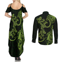 New Zealand Gecko Maori Art Tattoo Couples Matching Summer Maxi Dress and Long Sleeve Button Shirt