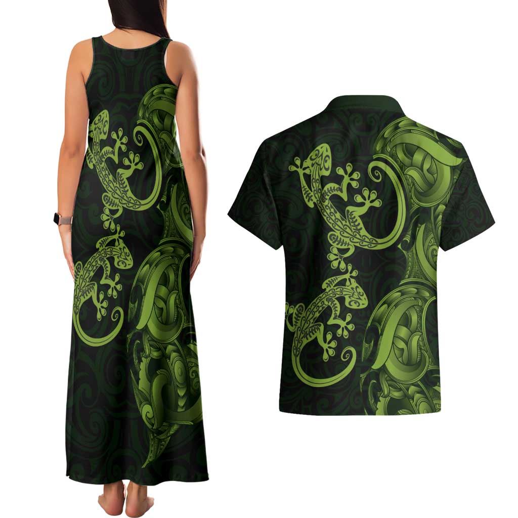 New Zealand Gecko Maori Art Tattoo Couples Matching Tank Maxi Dress and Hawaiian Shirt