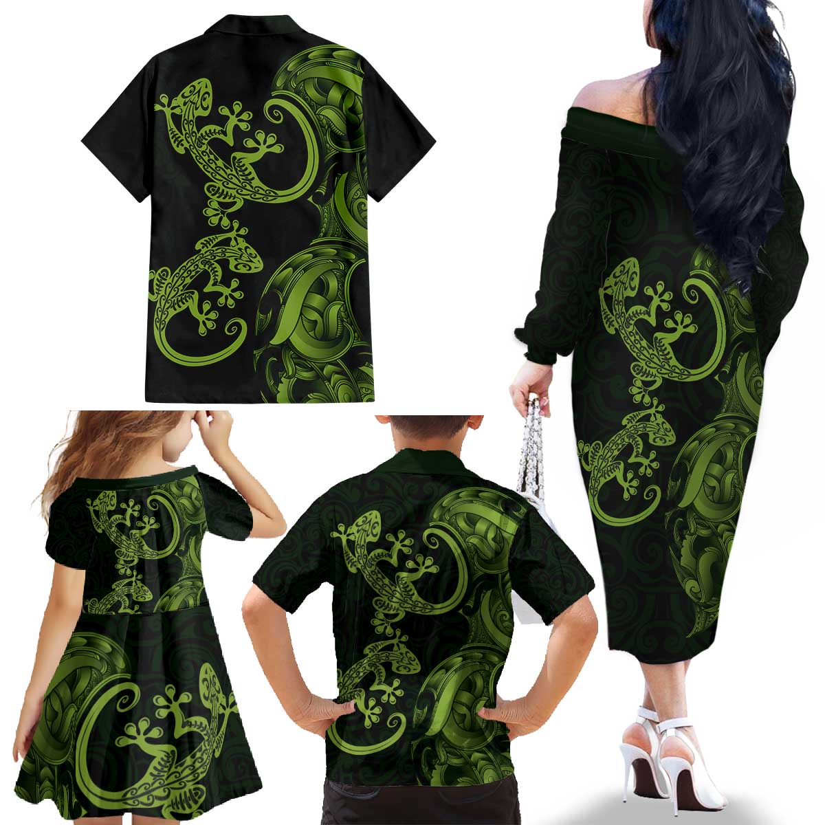 New Zealand Gecko Maori Art Tattoo Family Matching Off The Shoulder Long Sleeve Dress and Hawaiian Shirt