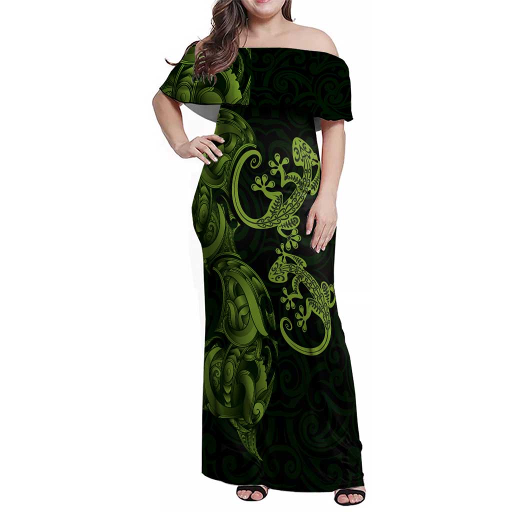 New Zealand Gecko Maori Art Tattoo Family Matching Off Shoulder Maxi Dress and Hawaiian Shirt