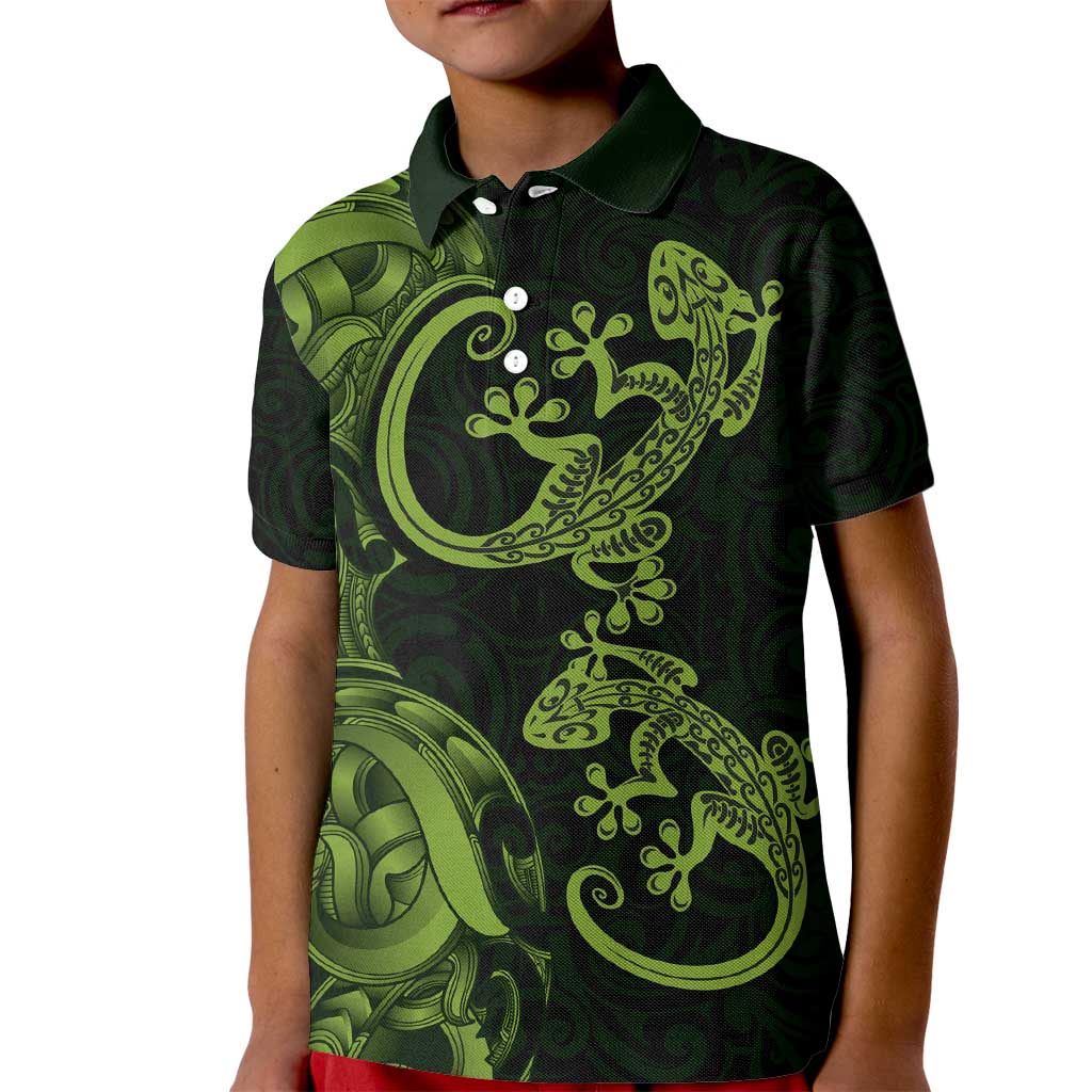 New Zealand Gecko Maori Art Tattoo Kid Polo Shirt LT03 Kid Green - Polynesian Pride