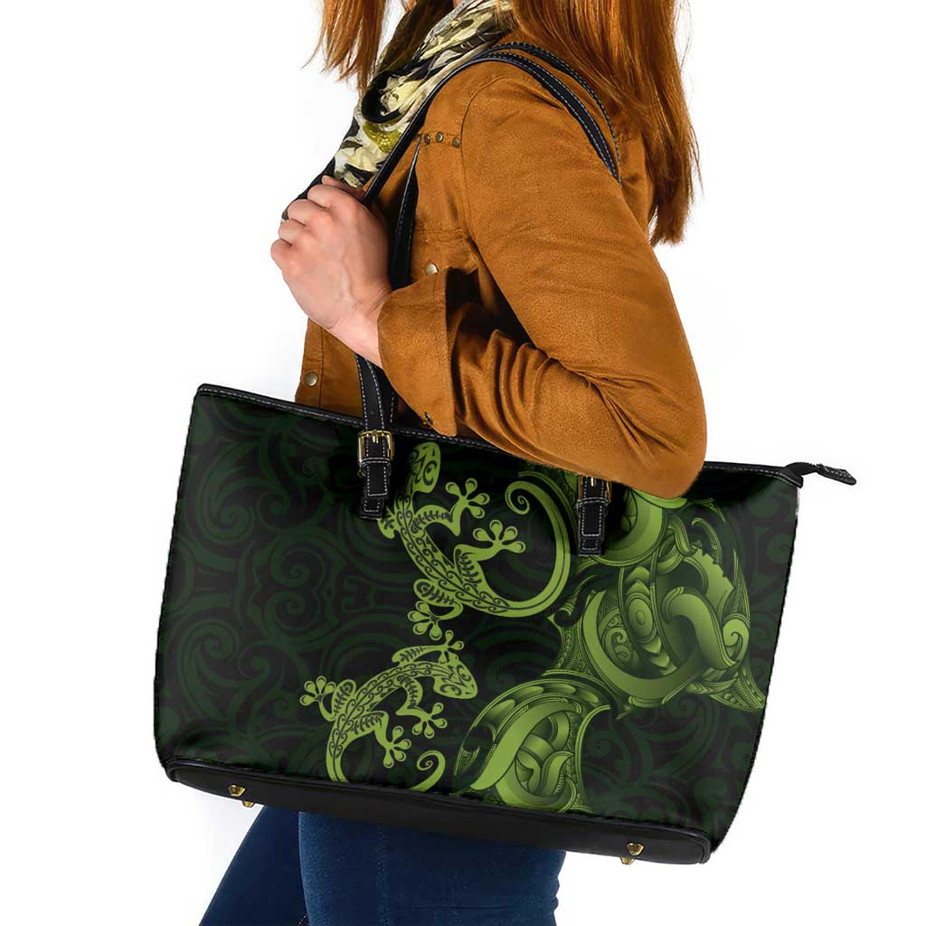 New Zealand Gecko Maori Art Tattoo Leather Tote Bag LT03 Green - Polynesian Pride