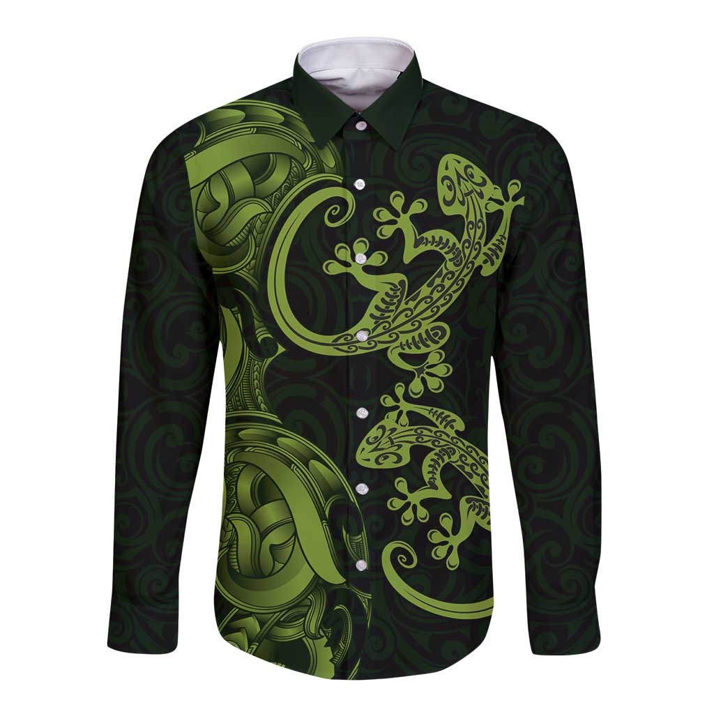New Zealand Gecko Maori Art Tattoo Long Sleeve Button Shirt LT03 Unisex Green - Polynesian Pride