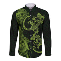 New Zealand Gecko Maori Art Tattoo Long Sleeve Button Shirt LT03 Unisex Green - Polynesian Pride