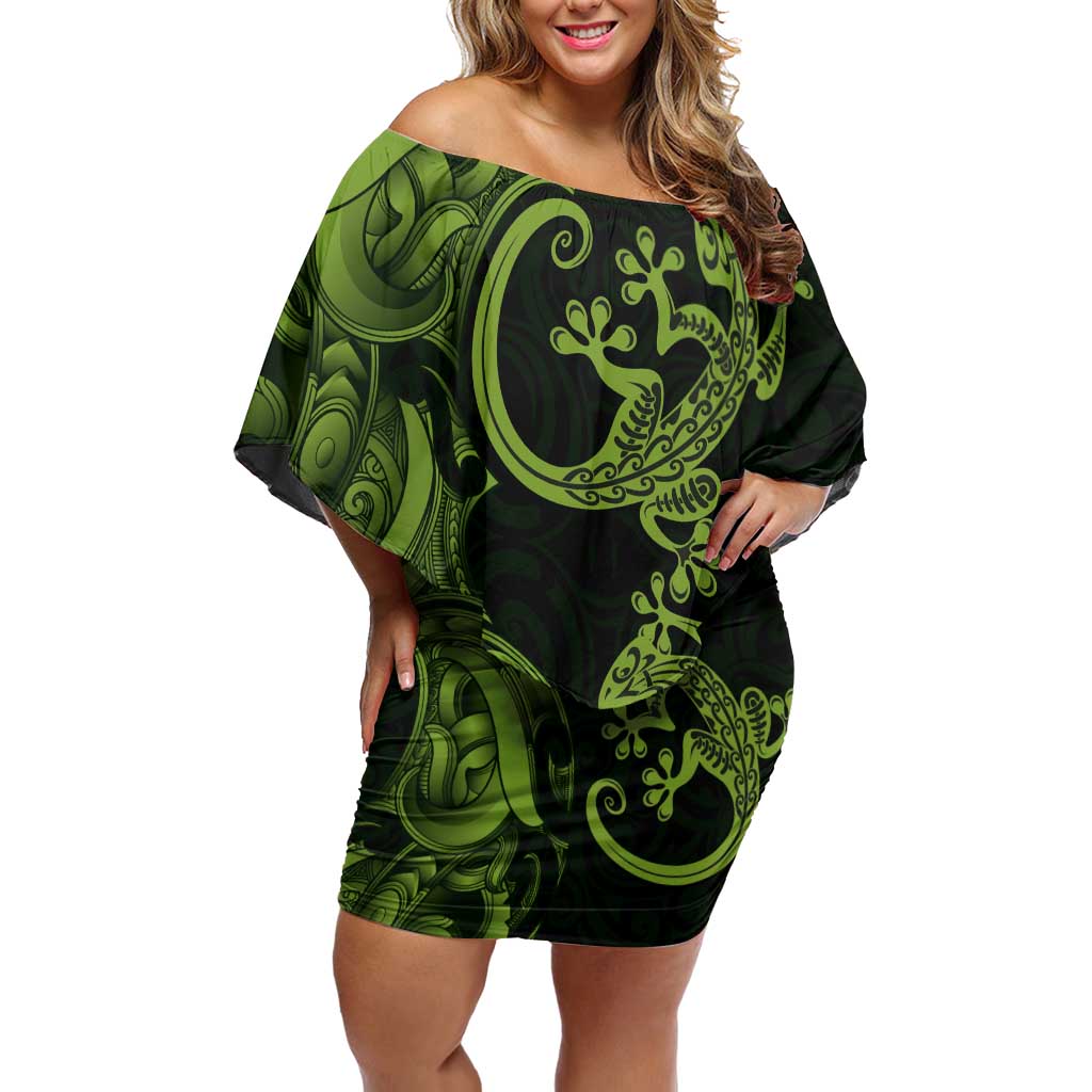 New Zealand Gecko Maori Art Tattoo Off Shoulder Short Dress