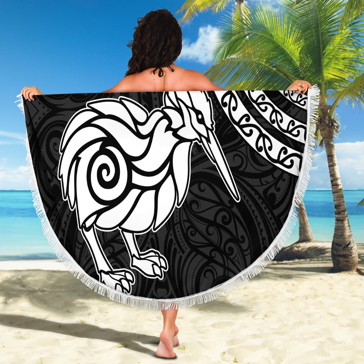 New Zealand Beach Blanket Stylized Kiwi Bird Tattoo Mix Koru Circle and Maori Ethnic Vibe LT03 - Polynesian Pride