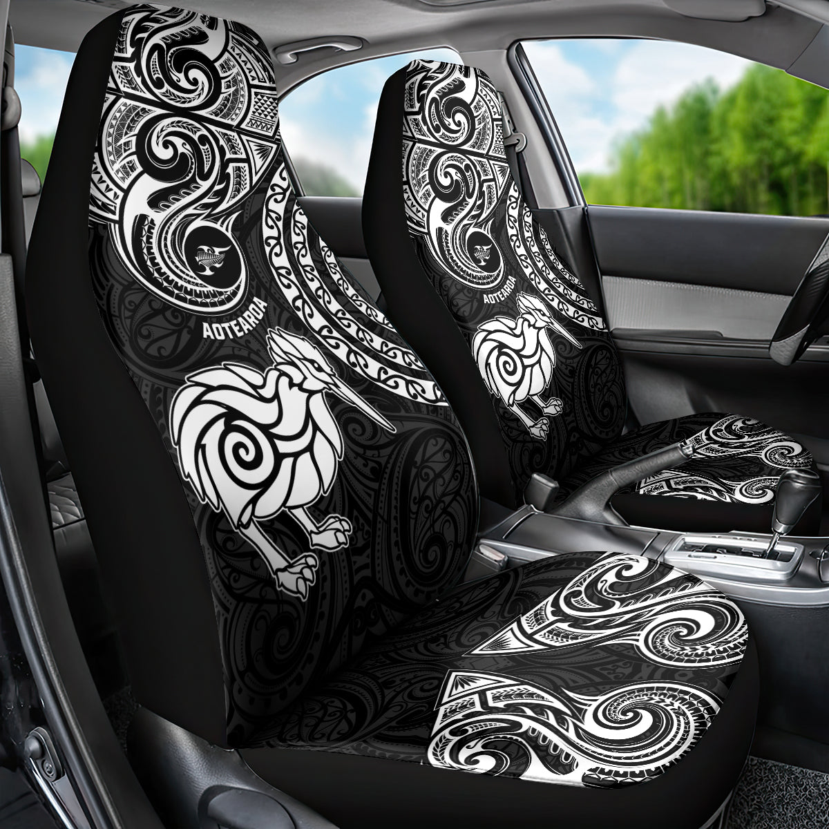 New Zealand Car Seat Cover Stylized Kiwi Bird Tattoo Mix Koru Circle and Maori Ethnic Vibe LT03 - Polynesian Pride