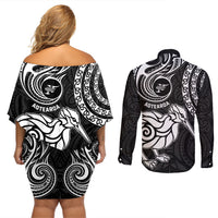 New Zealand Couples Matching Off Shoulder Short Dress and Long Sleeve Button Shirt Stylized Kiwi Bird Tattoo Mix Koru Circle and Maori Ethnic Vibe LT03 - Polynesian Pride