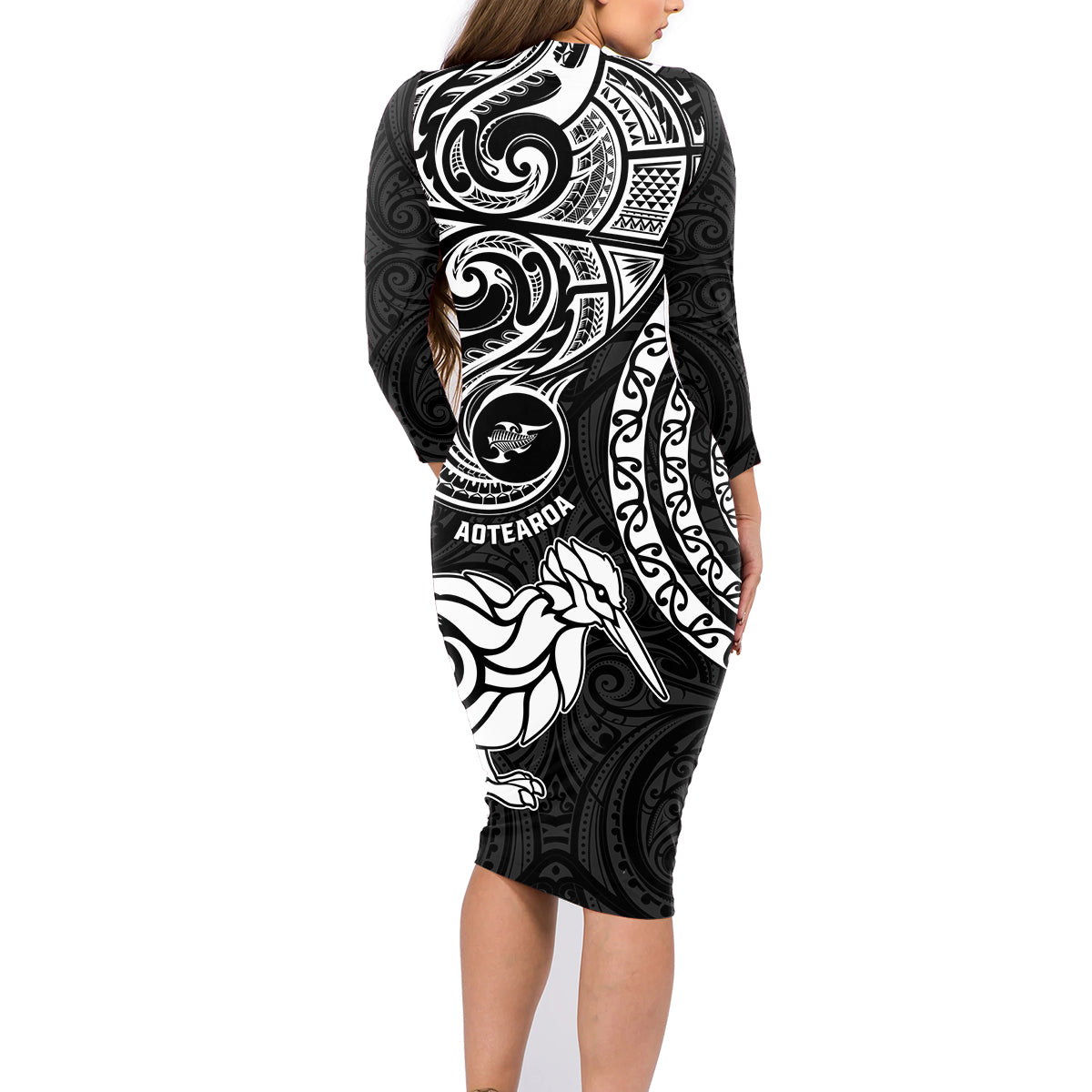 New Zealand Family Matching Long Sleeve Bodycon Dress and Hawaiian Shirt Stylized Kiwi Bird Tattoo Mix Koru Circle and Maori Ethnic Vibe LT03 - Polynesian Pride