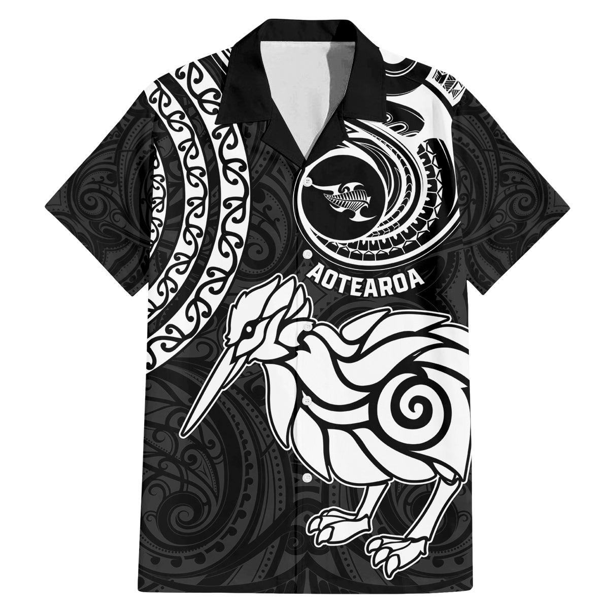 New Zealand Family Matching Mermaid Dress and Hawaiian Shirt Stylized Kiwi Bird Tattoo Mix Koru Circle and Maori Ethnic Vibe LT03 Dad's Shirt - Short Sleeve Black - Polynesian Pride