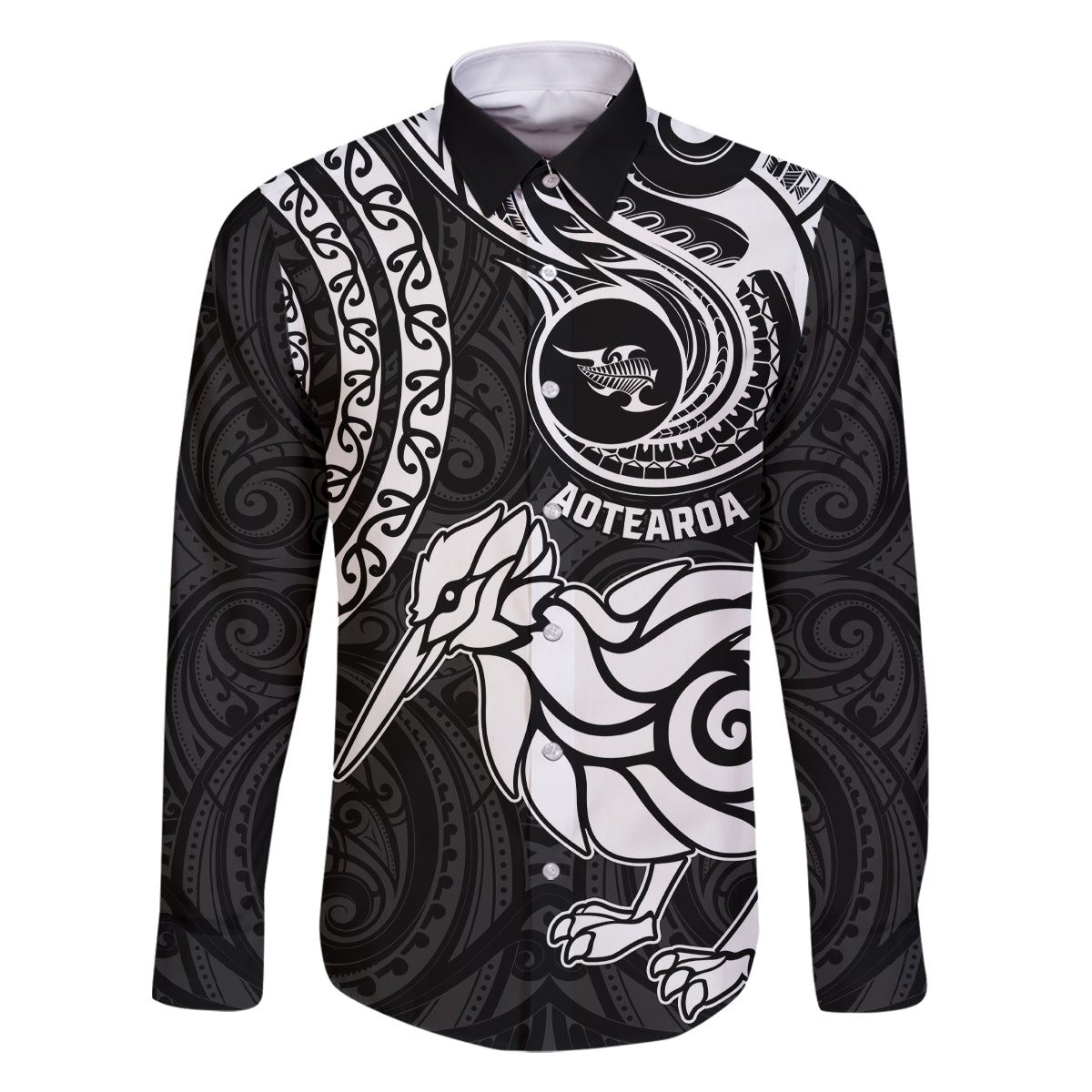 New Zealand Family Matching Off Shoulder Maxi Dress and Hawaiian Shirt Stylized Kiwi Bird Tattoo Mix Koru Circle and Maori Ethnic Vibe LT03 Dad's Shirt - Long Sleeve Black - Polynesian Pride