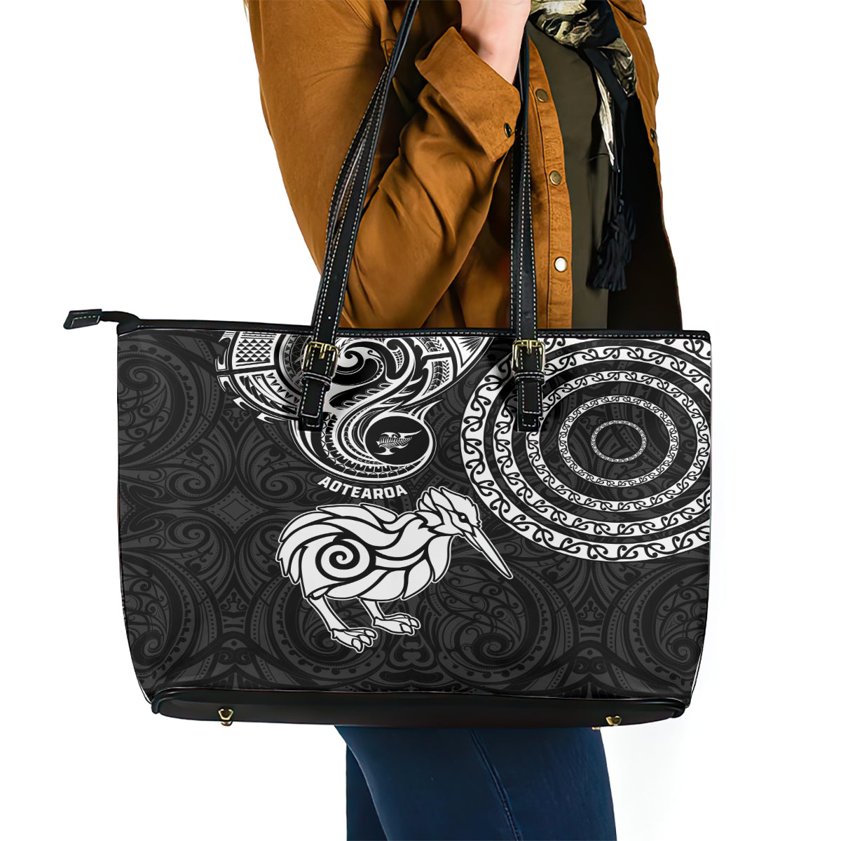 New Zealand Leather Tote Bag Stylized Kiwi Bird Tattoo Mix Koru Circle and Maori Ethnic Vibe LT03 - Polynesian Pride