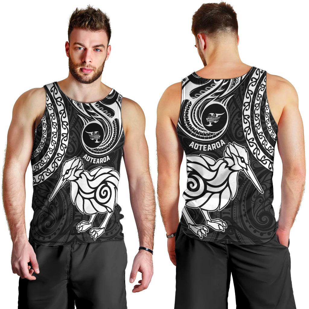New Zealand Men Tank Top Stylized Kiwi Bird Tattoo Mix Koru Circle and Maori Ethnic Vibe LT03 - Polynesian Pride
