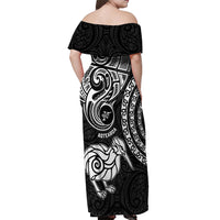 New Zealand Off Shoulder Maxi Dress Stylized Kiwi Bird Tattoo Mix Koru Circle and Maori Ethnic Vibe LT03 - Polynesian Pride
