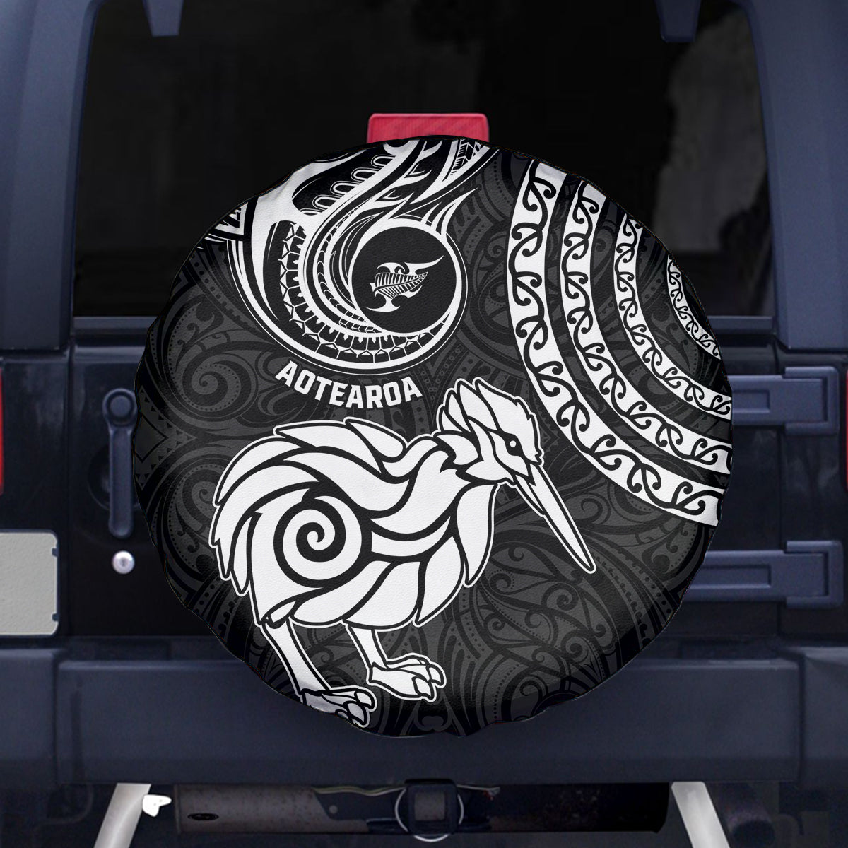 New Zealand Spare Tire Cover Stylized Kiwi Bird Tattoo Mix Koru Circle and Maori Ethnic Vibe LT03 Black - Polynesian Pride