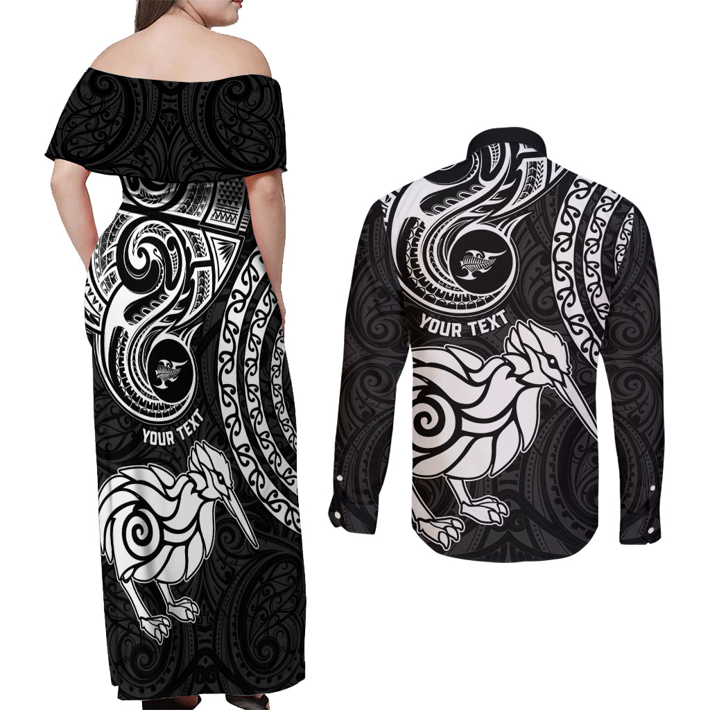 Personalised New Zealand Couples Matching Off Shoulder Maxi Dress and Long Sleeve Button Shirt Stylized Kiwi Bird Tattoo Mix Koru Circle and Maori Ethnic Vibe LT03 - Polynesian Pride