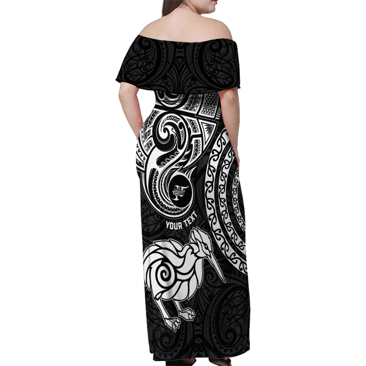 Personalised New Zealand Family Matching Off Shoulder Maxi Dress and Hawaiian Shirt Stylized Kiwi Bird Tattoo Mix Koru Circle and Maori Ethnic Vibe LT03 - Polynesian Pride