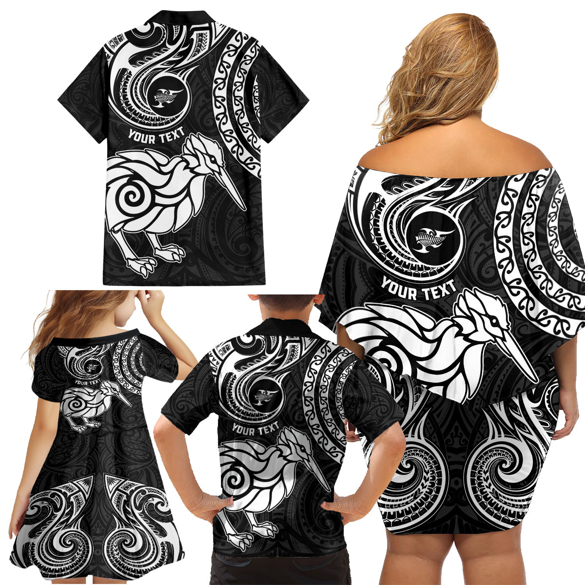 Personalised New Zealand Family Matching Off Shoulder Short Dress and Hawaiian Shirt Stylized Kiwi Bird Tattoo Mix Koru Circle and Maori Ethnic Vibe LT03 - Polynesian Pride