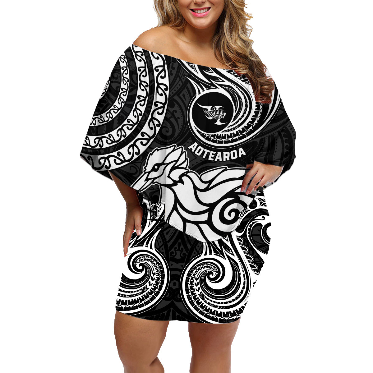 Personalised New Zealand Family Matching Off Shoulder Short Dress and Hawaiian Shirt Stylized Kiwi Bird Tattoo Mix Koru Circle and Maori Ethnic Vibe LT03 Mom's Dress Black - Polynesian Pride