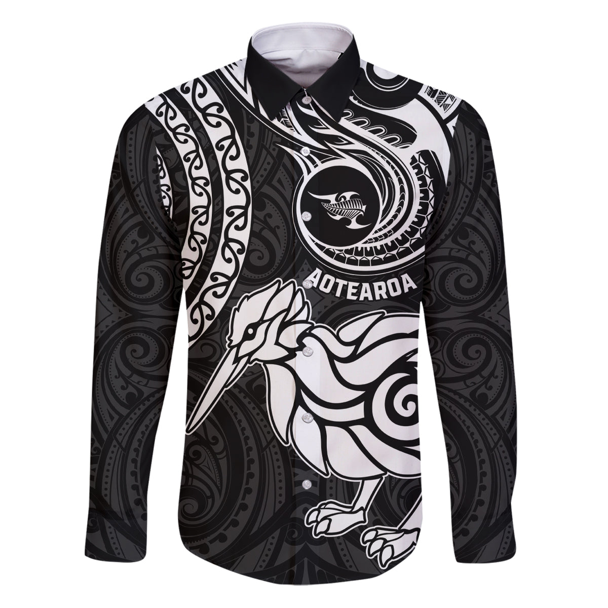 Personalised New Zealand Family Matching Puletasi Dress and Hawaiian Shirt Stylized Kiwi Bird Tattoo Mix Koru Circle and Maori Ethnic Vibe LT03 Dad's Shirt - Long Sleeve Black - Polynesian Pride