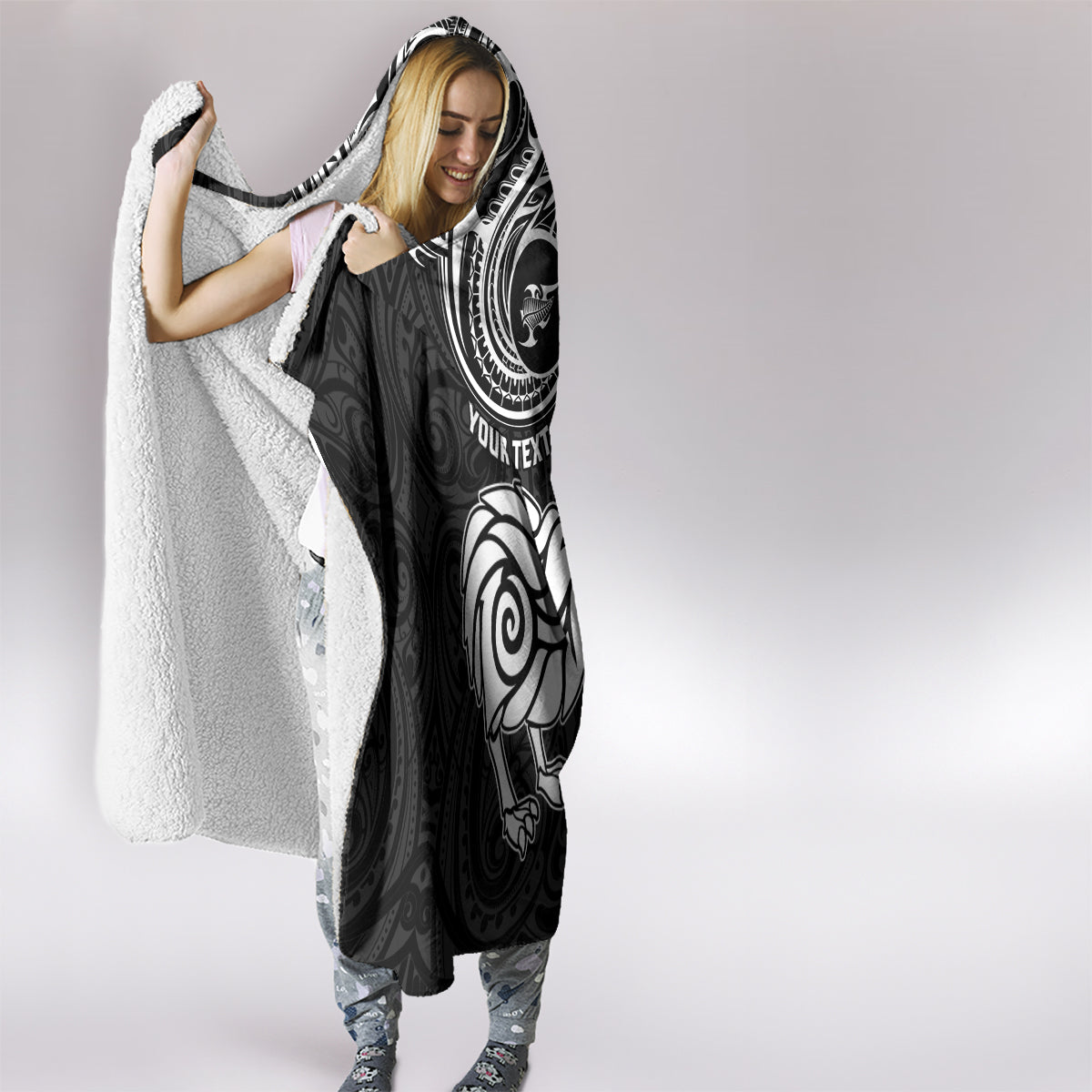 Personalised New Zealand Hooded Blanket Stylized Kiwi Bird Tattoo Mix Koru Circle and Maori Ethnic Vibe LT03 - Polynesian Pride