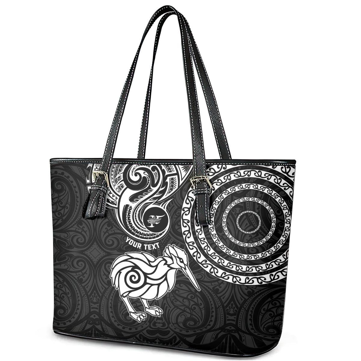 Personalised New Zealand Leather Tote Bag Stylized Kiwi Bird Tattoo Mix Koru Circle and Maori Ethnic Vibe LT03 - Polynesian Pride