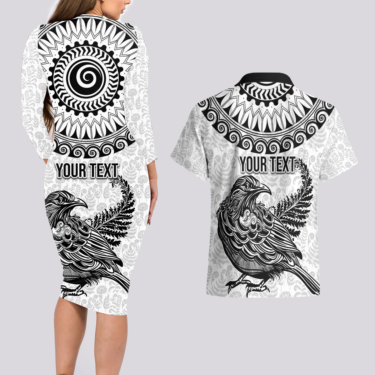 Custom New Zealand Couples Matching Long Sleeve Bodycon Dress and Hawaiian Shirt Tui Bird and Koru Circle Mix Silver Fern Pattern LT03 - Polynesian Pride