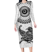 Custom New Zealand Family Matching Long Sleeve Bodycon Dress and Hawaiian Shirt Tui Bird and Koru Circle Mix Silver Fern Pattern LT03 Mom's Dress White - Polynesian Pride