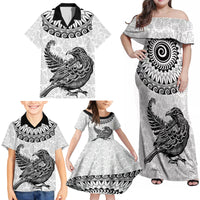 Custom New Zealand Family Matching Off Shoulder Maxi Dress and Hawaiian Shirt Tui Bird and Koru Circle Mix Silver Fern Pattern LT03 - Polynesian Pride
