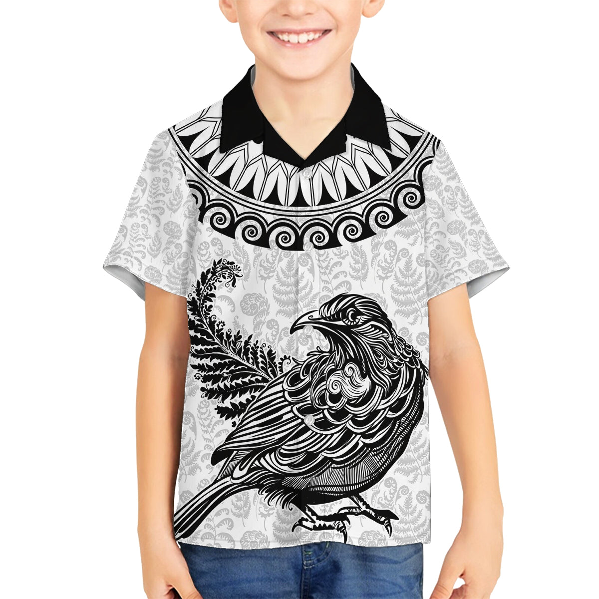Custom New Zealand Family Matching Tank Maxi Dress and Hawaiian Shirt Tui Bird and Koru Circle Mix Silver Fern Pattern LT03 Son's Shirt White - Polynesian Pride