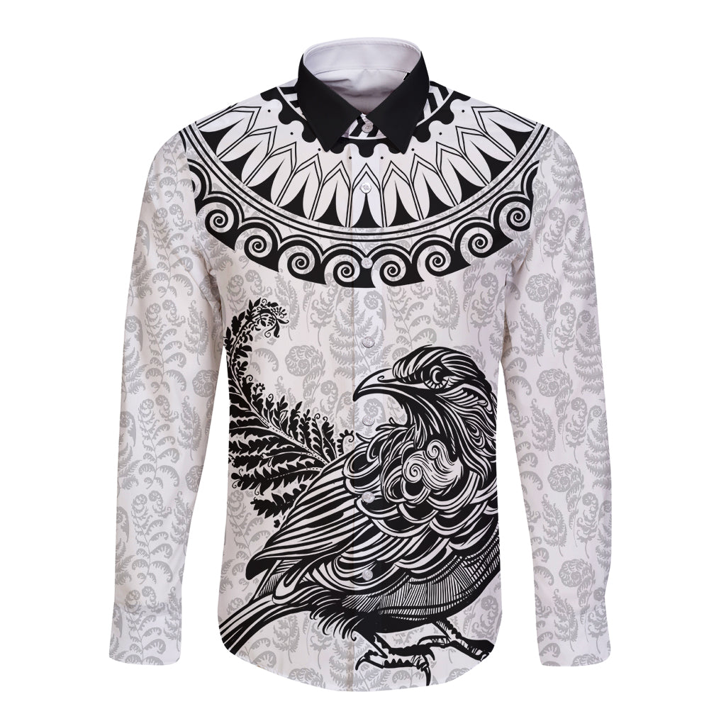 Custom New Zealand Long Sleeve Button Shirt Tui Bird and Koru Circle Mix Silver Fern Pattern LT03 Unisex White - Polynesian Pride