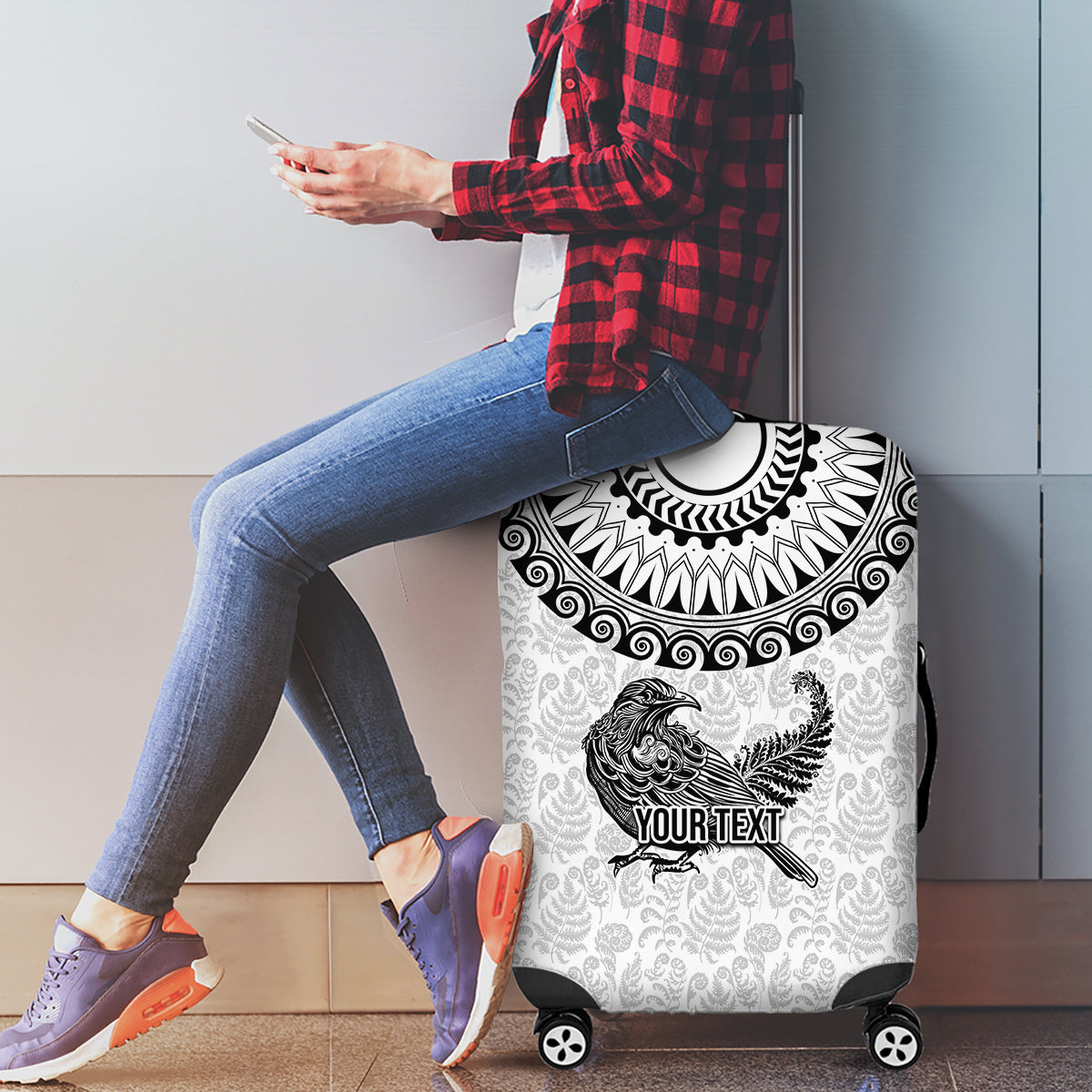 Custom New Zealand Luggage Cover Tui Bird and Koru Circle Mix Silver Fern Pattern LT03 - Polynesian Pride