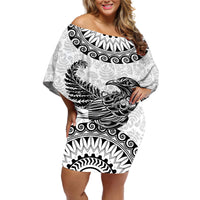 Custom New Zealand Off Shoulder Short Dress Tui Bird and Koru Circle Mix Silver Fern Pattern LT03 Women White - Polynesian Pride