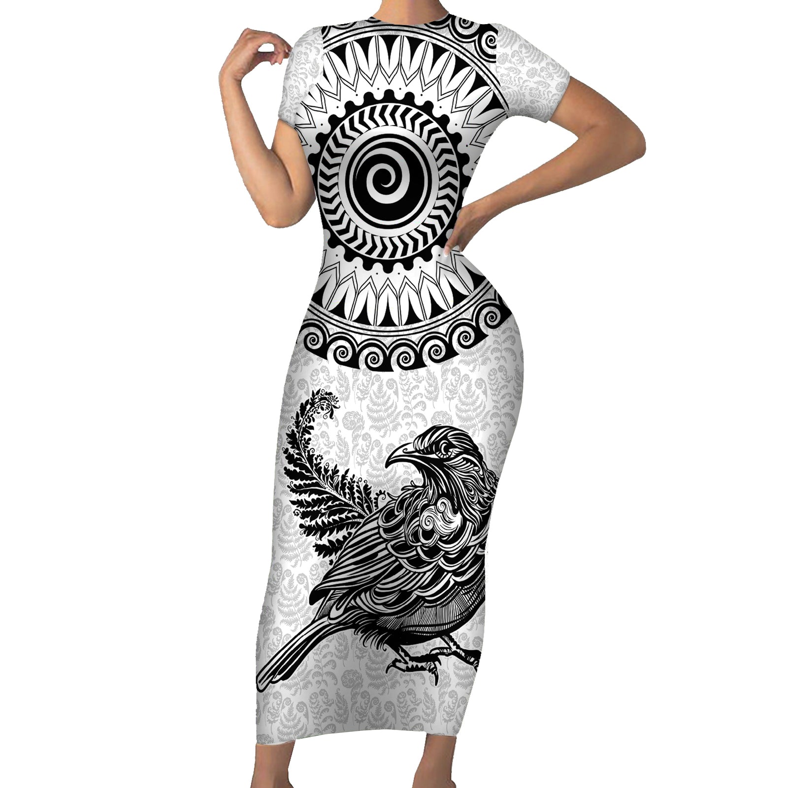 Custom New Zealand Short Sleeve Bodycon Dress Tui Bird and Koru Circle Mix Silver Fern Pattern LT03 Long Dress White - Polynesian Pride