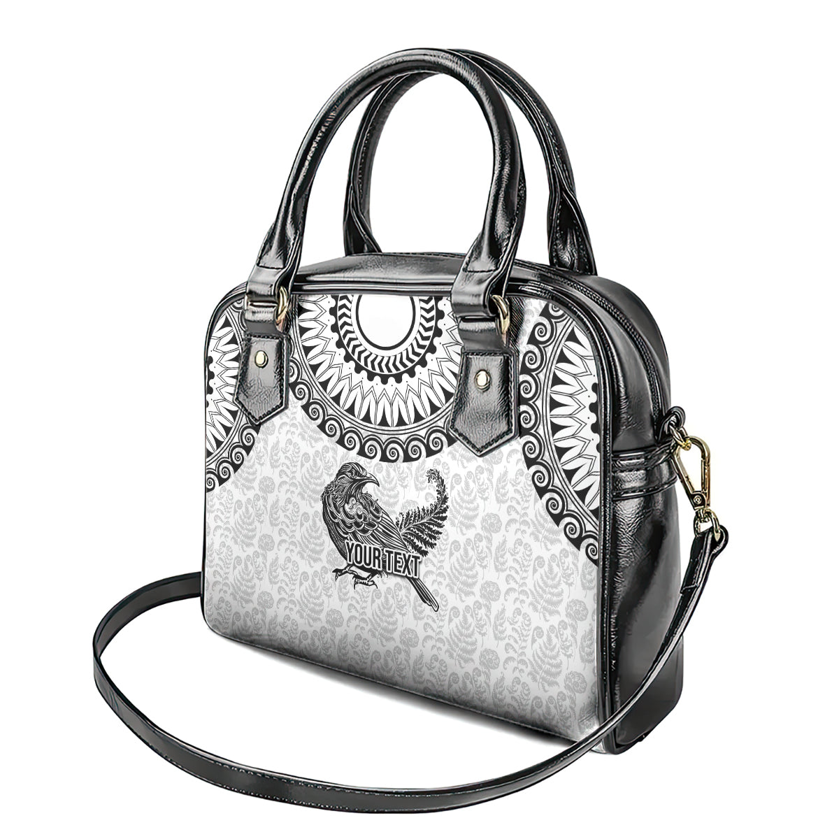 Custom New Zealand Shoulder Handbag Tui Bird and Koru Circle Mix Silver Fern Pattern LT03 - Polynesian Pride