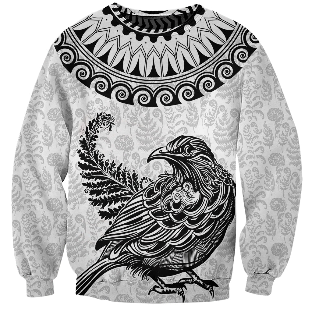 Custom New Zealand Sweatshirt Tui Bird and Koru Circle Mix Silver Fern Pattern LT03 Unisex White - Polynesian Pride