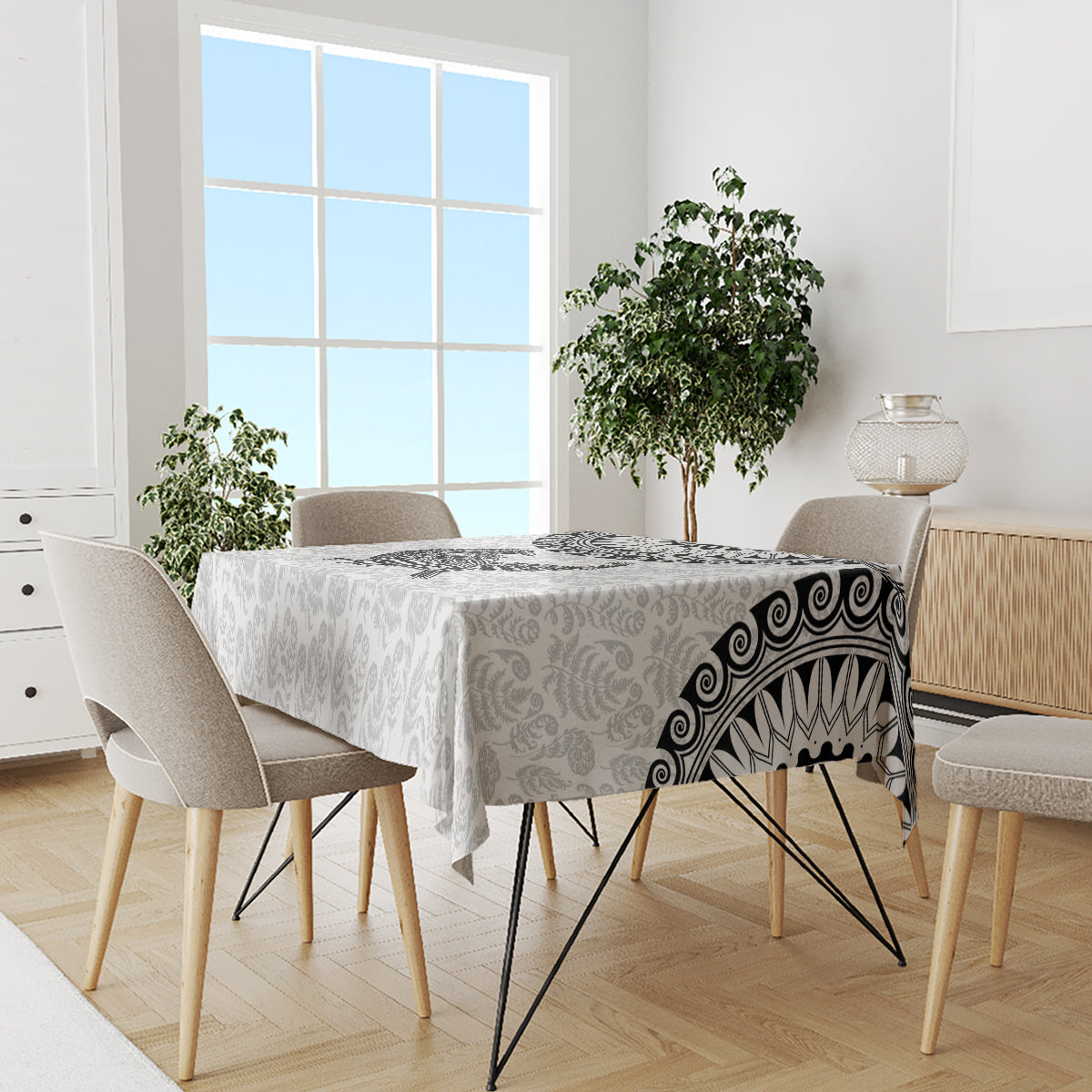 Custom New Zealand Tablecloth Tui Bird and Koru Circle Mix Silver Fern Pattern LT03 - Polynesian Pride