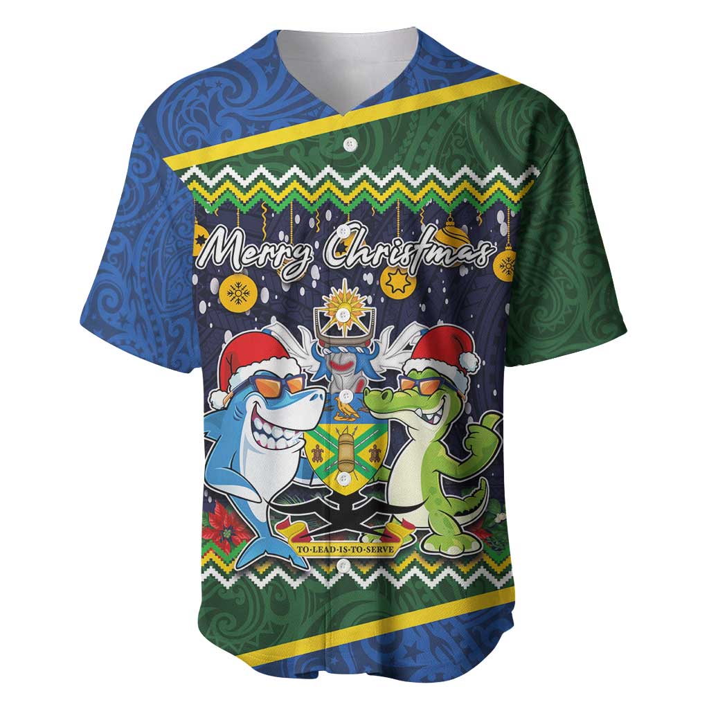 Funny Crocodile and Shark Solomon Islands Christmas Baseball Jersey with National Seal Melanesian Pattern