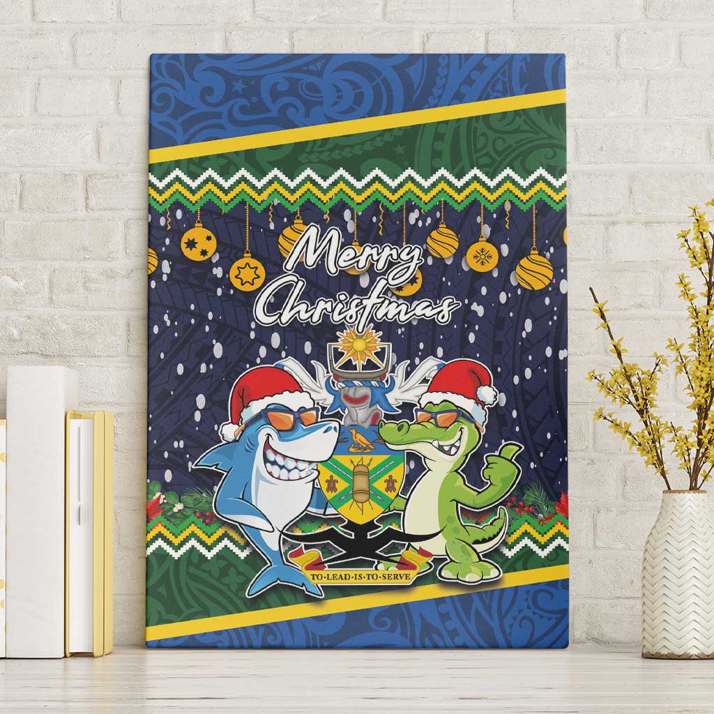 Funny Crocodile and Shark Solomon Islands Christmas Canvas Wall Art with National Seal Melanesian Pattern