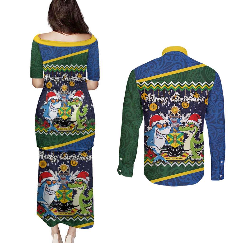 Funny Crocodile and Shark Solomon Islands Christmas Couples Matching Puletasi and Long Sleeve Button Shirt with National Seal Melanesian Pattern