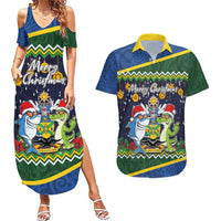 Funny Crocodile and Shark Solomon Islands Christmas Couples Matching Summer Maxi Dress and Hawaiian Shirt with National Seal Melanesian Pattern LT03 Blue - Polynesian Pride