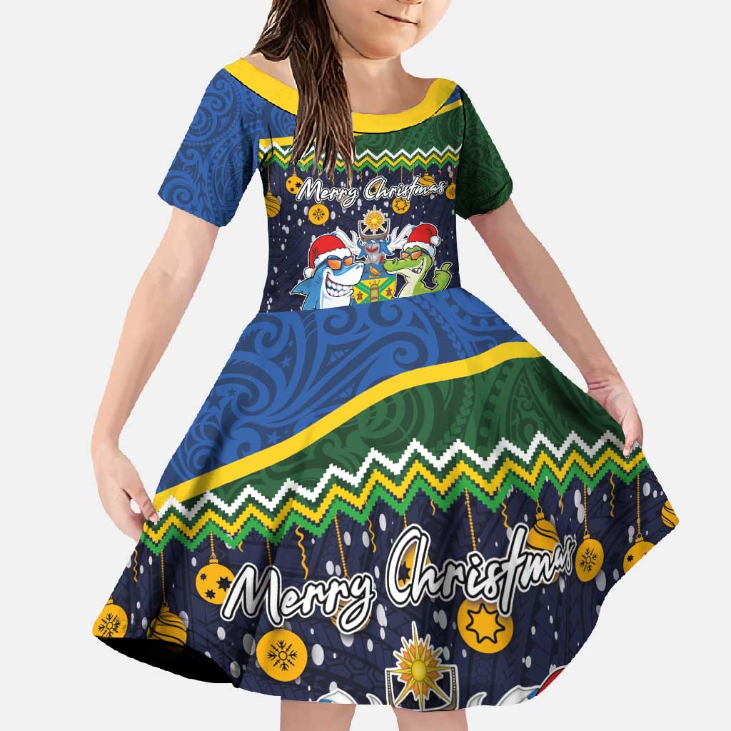 Funny Crocodile and Shark Solomon Islands Christmas Family Matching Long Sleeve Bodycon Dress and Hawaiian Shirt with National Seal Melanesian Pattern LT03 Daughter's Dress Blue - Polynesian Pride