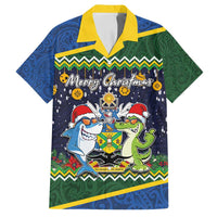 Funny Crocodile and Shark Solomon Islands Christmas Family Matching Long Sleeve Bodycon Dress and Hawaiian Shirt with National Seal Melanesian Pattern LT03 Dad's Shirt - Short Sleeve Blue - Polynesian Pride