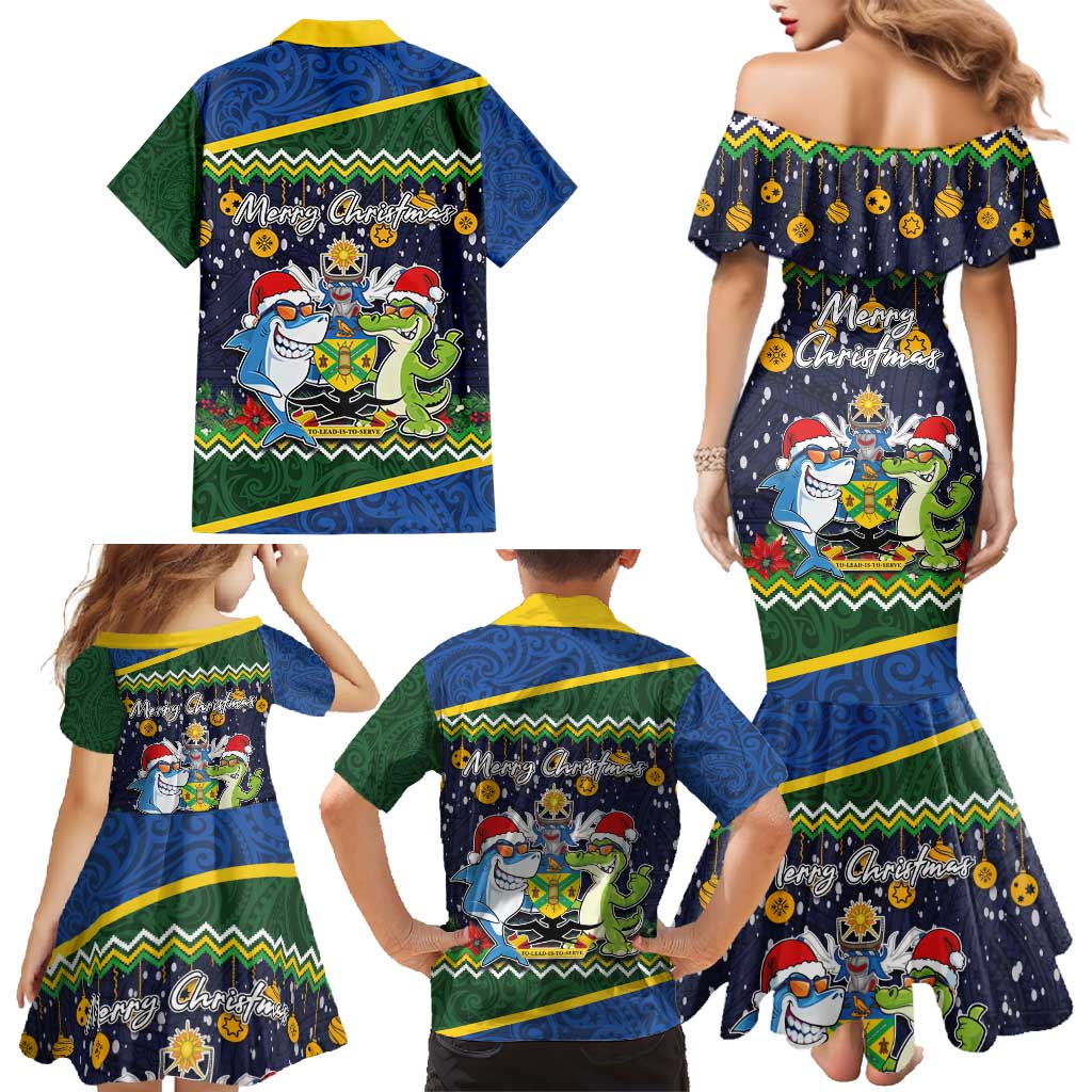 Funny Crocodile and Shark Solomon Islands Christmas Family Matching Mermaid Dress and Hawaiian Shirt with National Seal Melanesian Pattern LT03 - Polynesian Pride