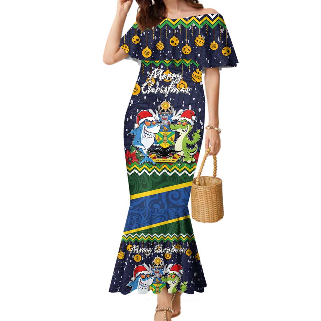 Funny Crocodile and Shark Solomon Islands Christmas Family Matching Mermaid Dress and Hawaiian Shirt with National Seal Melanesian Pattern LT03 Mom's Dress Blue - Polynesian Pride