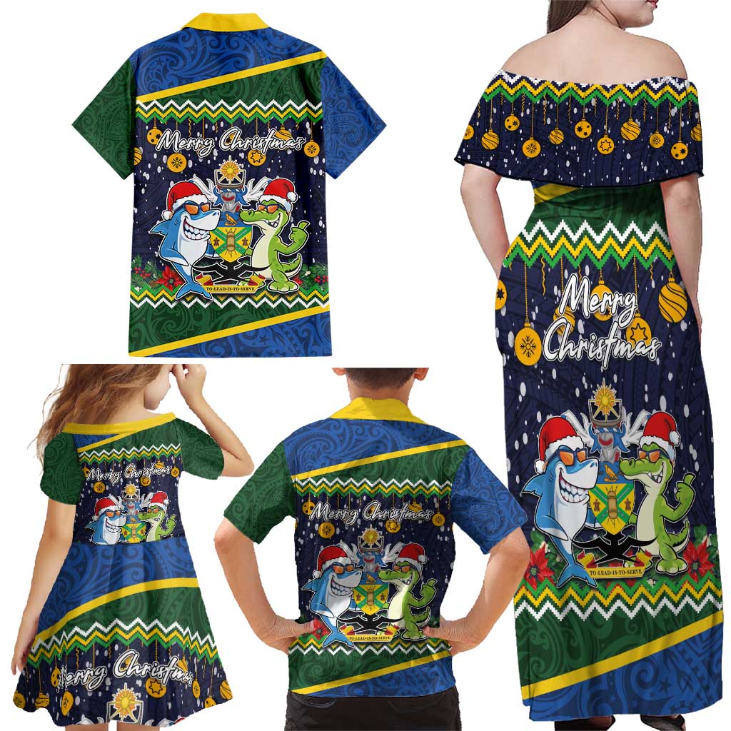 Funny Crocodile and Shark Solomon Islands Christmas Family Matching Off Shoulder Maxi Dress and Hawaiian Shirt with National Seal Melanesian Pattern