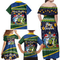 Funny Crocodile and Shark Solomon Islands Christmas Family Matching Off Shoulder Maxi Dress and Hawaiian Shirt with National Seal Melanesian Pattern