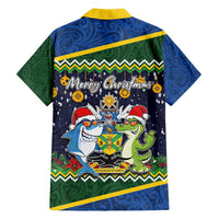 Funny Crocodile and Shark Solomon Islands Christmas Family Matching Off Shoulder Short Dress and Hawaiian Shirt with National Seal Melanesian Pattern