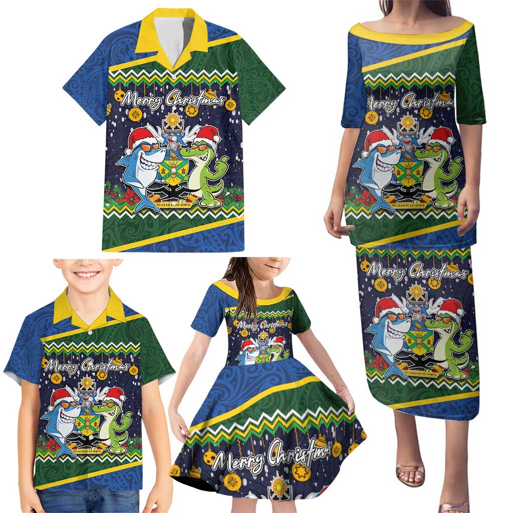 Funny Crocodile and Shark Solomon Islands Christmas Family Matching Puletasi and Hawaiian Shirt with National Seal Melanesian Pattern LT03 - Polynesian Pride