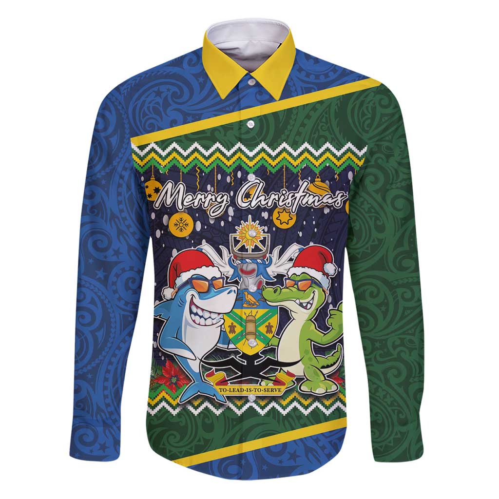 Funny Crocodile and Shark Solomon Islands Christmas Family Matching Puletasi and Hawaiian Shirt with National Seal Melanesian Pattern LT03 Dad's Shirt - Long Sleeve Blue - Polynesian Pride